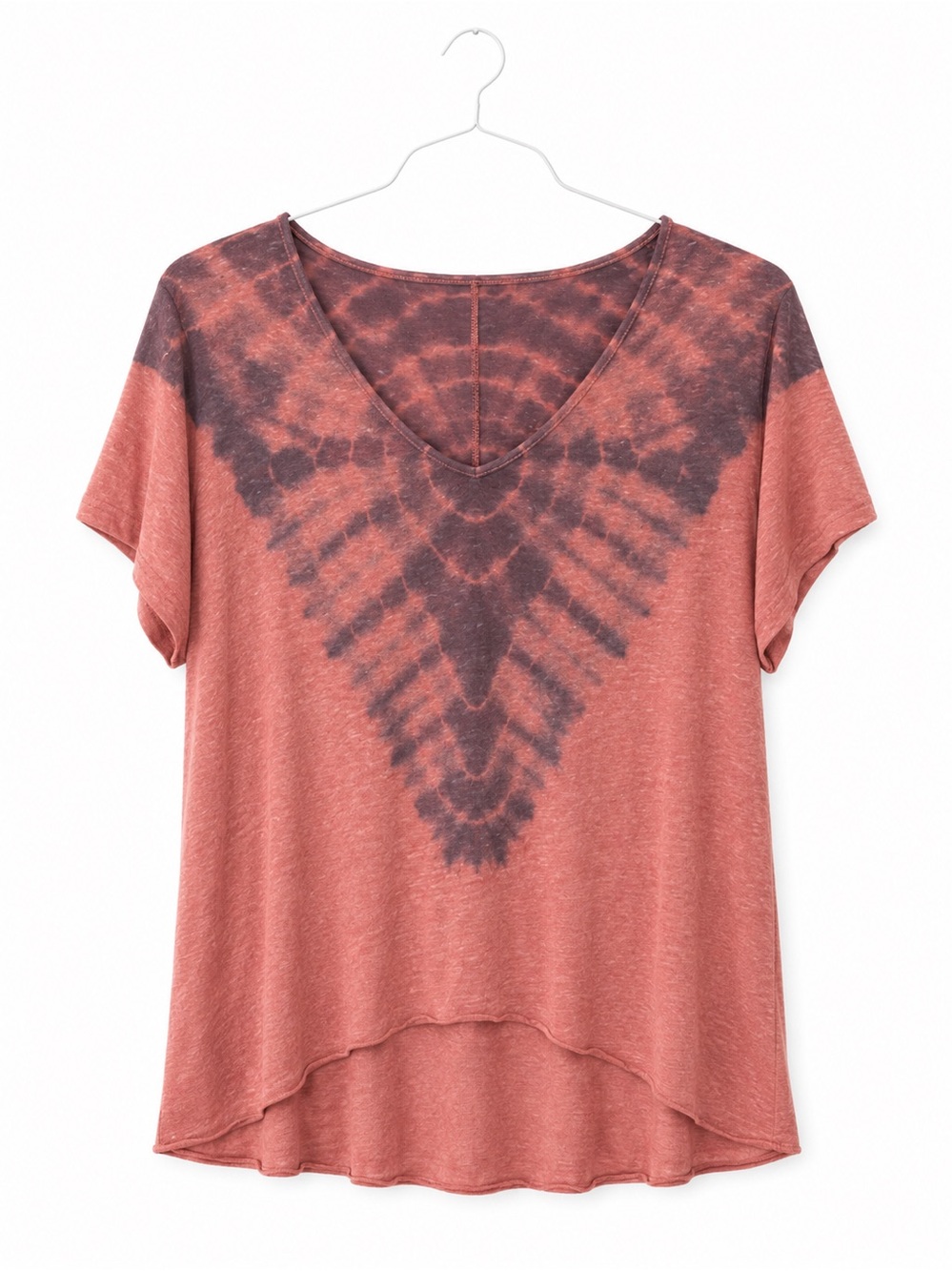 Free People Coral and Charcoal V-Neck Tie-Dye Tee
